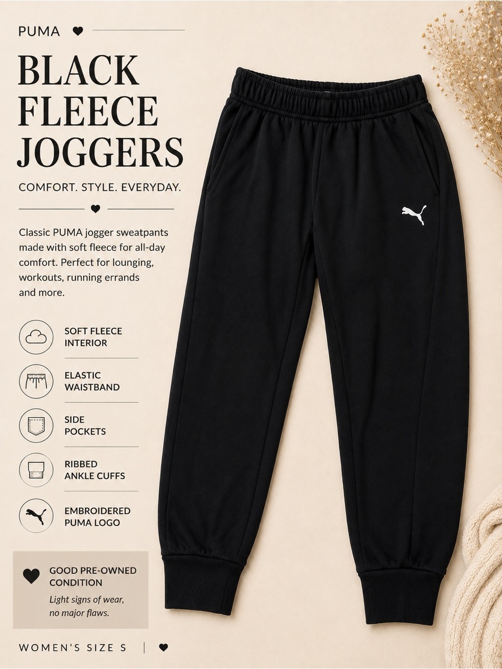 PUMA Black Fleece Jogger Sweatpants | Women’s Small | Athletic Lounge Pants